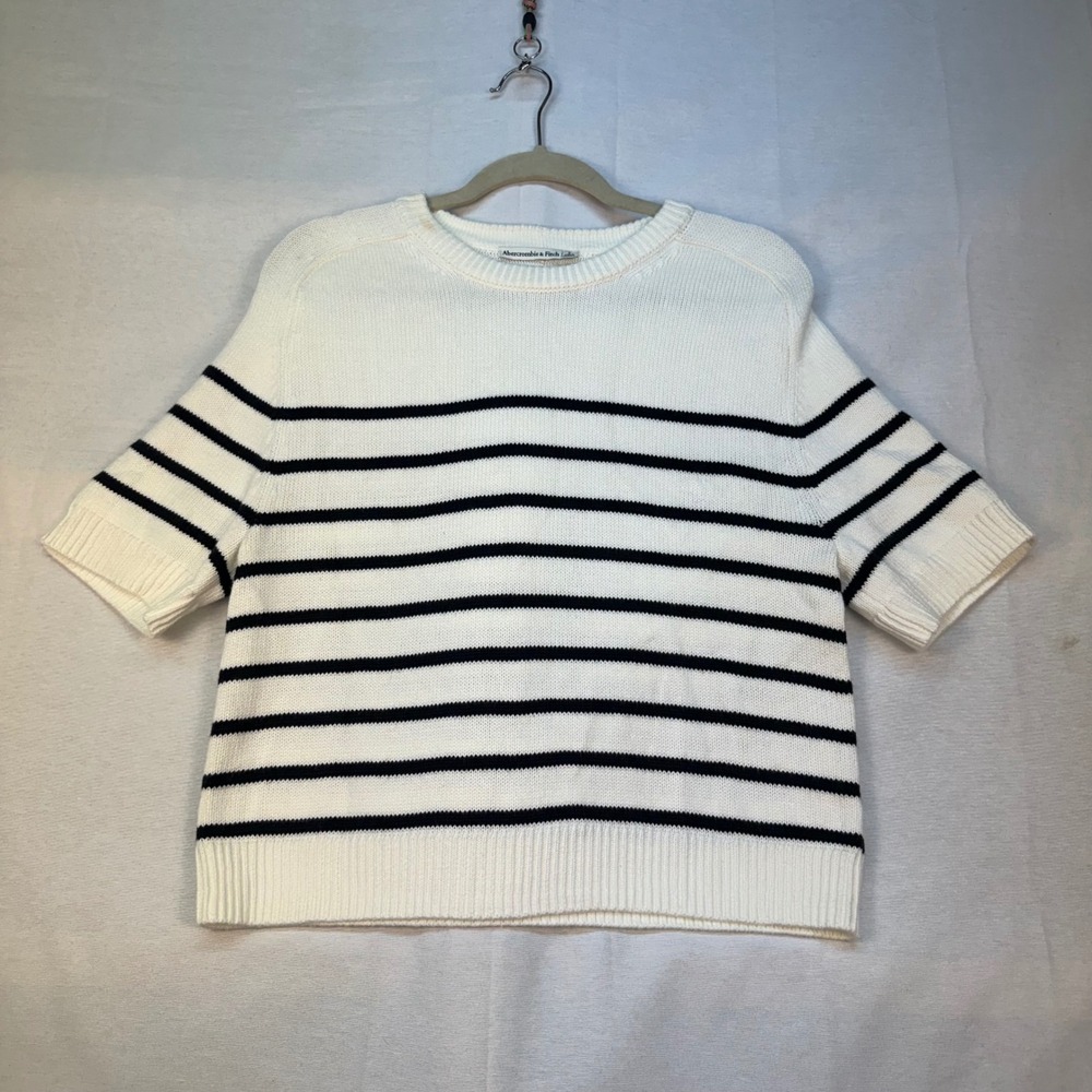 Abercrombie & Fitch Womens Striped Short Sleeve Sweater Cream Navy Blue Small